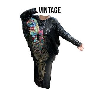Vintage Abstract Bird Beaded Sequined dress / Rainbow Rooster Sequin dress